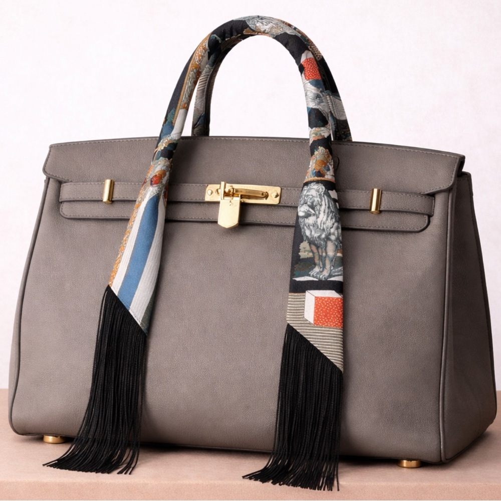 BLACK LION & STRIPE FAUX LEATHER TASSELED SKINNY SCARF BAG HANDLE WRAP NECK TIE